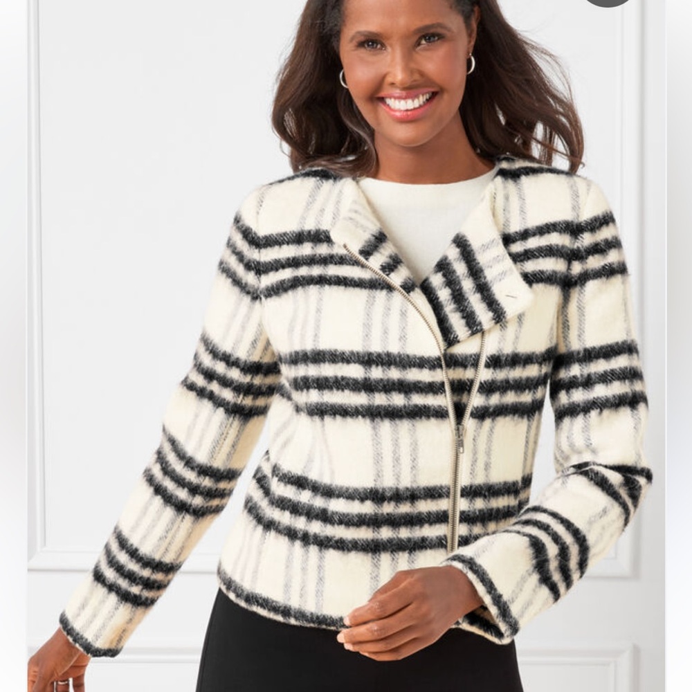 Talbots Cozy Plaid Zip Front Jacket Cream Black Wool Blend Brushed Texture Sz 6